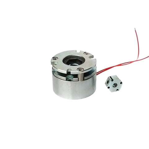 Front view of micro electromagnetic brake with round metal housing and red wires.