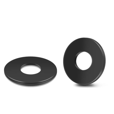 Two black stainless flat washers, 0.842 in ID x 2 in OD x 0.13 in thick; front and side views.