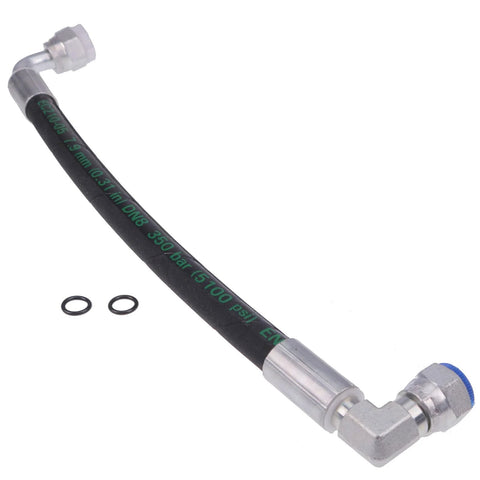JZGRDN hydraulic hose with 90-degree metal fittings, black hose and green markings; John Deere front loader compatible