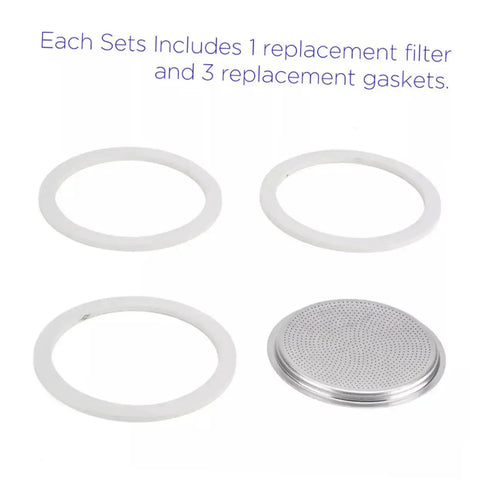 Image of Silicone Gasket Replacement Set 10 Pieces For Coffee Pot Lids And Jar Seals Great For Coffee Nerds And Everyday Kitchen Gear Keeps Coffee Fresh And Aroma Locked In For Your Home Brewing Game with three white gaskets and one metal filter.