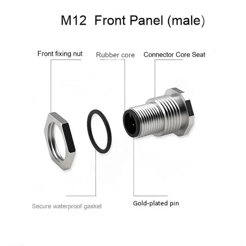 Diagram of Rugged M12 4-Pin A-Coded Male Connector Cable With Front Panel Mount, showing parts like rubber core and connector core seat.