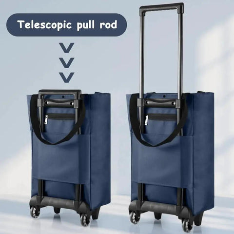 Foldable Shopping Trolley With Wheels 2 In 1 Reusable Grocery Tote Bag Dark Blue featuring telescopic pull rod, upright position