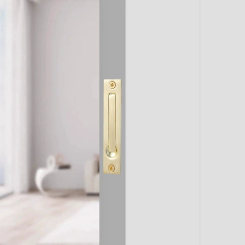 Pocket Door Edge Pull 4 Inch Flush Mount Handle In Brushed Brass Satin Brass Finish With Stainless Steel Construction And Mounting Hardware