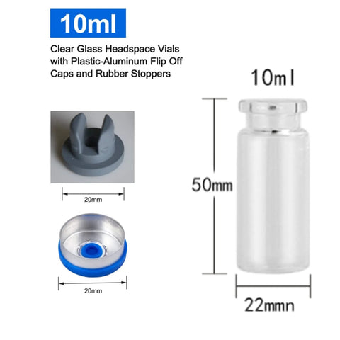 10ml clear glass lab vial with aluminum flip-off cap and blue rubber stopper, 50mm tall, 22mm dia