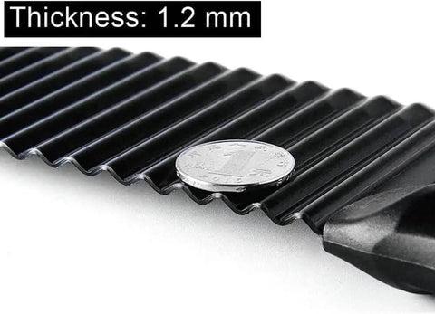 Close-up of Crinkle Potato Cutter With Wave Blade Stainless Steel Handheld Slicer, 1.2mm thick blade with a coin for scale.