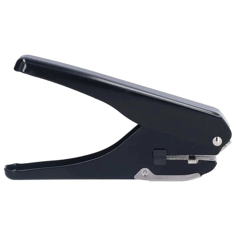 Side view of a handheld single hole punch for up to 10 sheets, heavy duty metal punching tool with paper stopper, ideal for biz cards, plastics and paper.