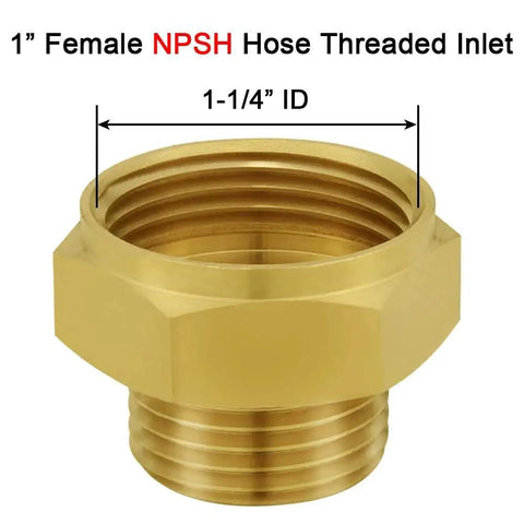 Heavy Duty Brass Garden Hose Adapter 1 Inch NPSH Female To Three Fourths Inch GHT Male Connector shown in close-up view