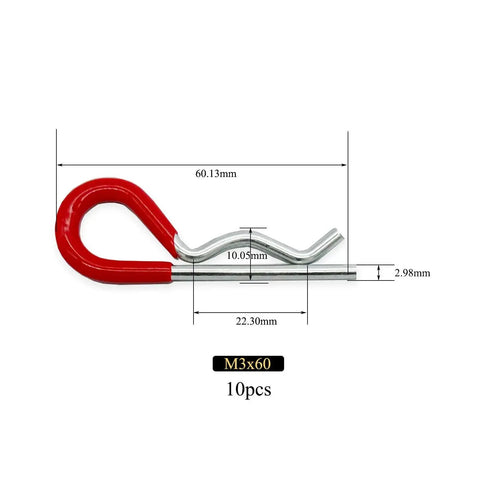 Beefy Ten Pack Heavy Duty Hitch Pins R Clips with rubber coated grips, 60mm long, 3mm wire diameter, shown with dimensions.