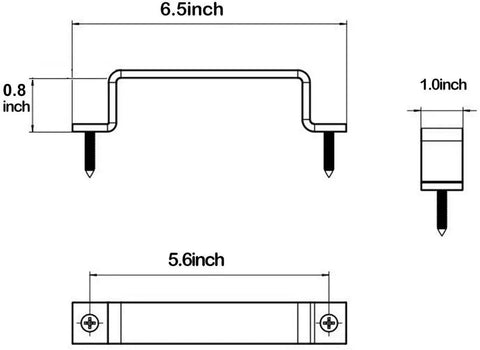 Technical diagram of 6-1/2 Inch Sliding Barn Door Handle Pull Set, black steel with anti-rust frosted finish for doors, gates, garages, sheds, and closets.