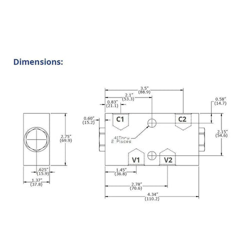 Double pilot-operated hydraulic check valve, 1/2 in NPT ports; dimensioned front and side views, Amazon.