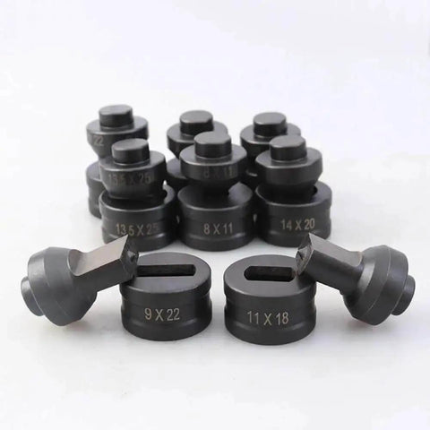 Hydraulic Slotted Die Set for CH60 Punching Machine, featuring assorted die sizes from 5.5x20mm to 14.5x22mm for sheet metal cutting.