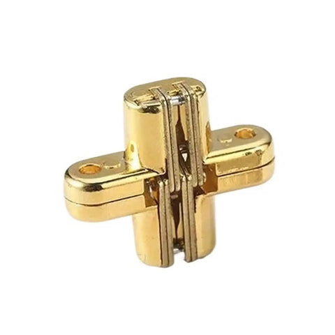 Hidden Door Hinge 1 Piece Zinc Alloy Cross Invisible Hinge 8x42mm, gold finish, front view.