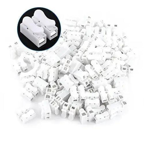 Image of Heavy Duty 100 Piece Two Pin Push Wire Terminal Block Kit 10A 220V White Spring Clamp Quick Wire Connector