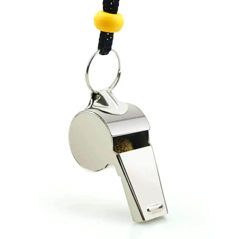 Close-up of stainless steel sports whistle with lanyard, part of 2 Pack Stainless Steel Sports Whistles With Lanyards For Coaches Referees And Officials Loud Crisp Sound Reaches Up To 120dB Perfect For Training Games Lifeguards And Field Officials
