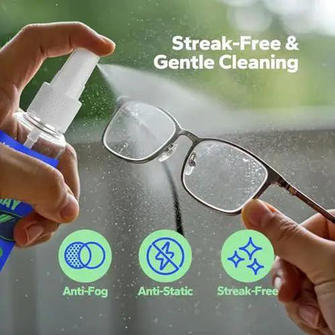 Streak Free Eyeglass Cleaner Spray With Microfiber Cloth Kit for Glasses Screens, showing spray bottle cleaning eyeglasses.