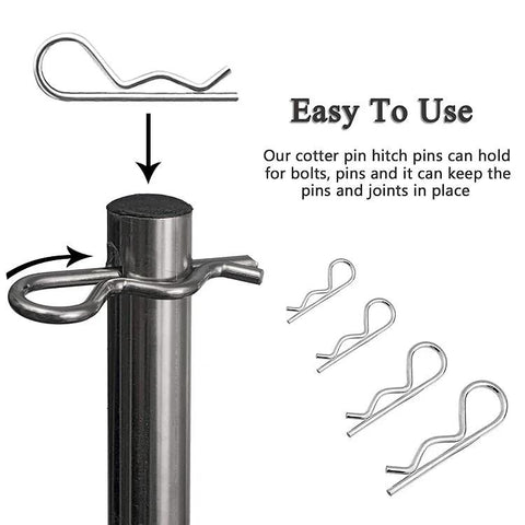 Beefy Adjustable Clevis Pin Kit For Trailers And Heavy Equipment Seven Sixteenths By Two And A Half Inch Zinc Steel Pins With Eight Holes And R Clip Four Sets Easy Length Adjustments Works Great With Cotter Pins And Hitch Pins shown with R clips and installation