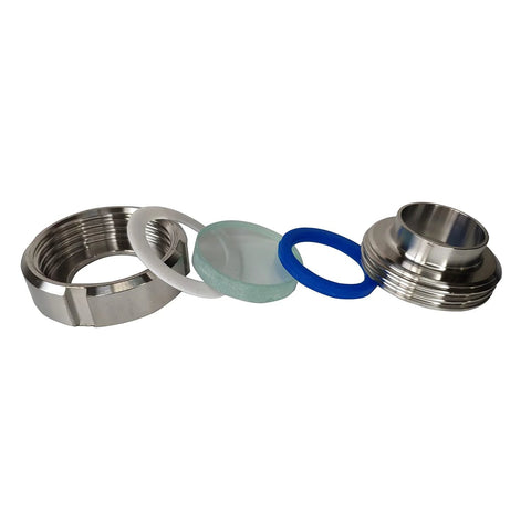 Sight glass 1-1/2 in weld union with PTFE gaskets and stainless steel fittings (Amazon)