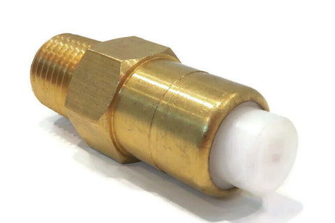 Brass thermal relief valve for pressure washers with white plastic plunger and male threaded outlet