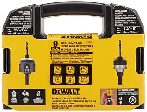 Workhorse Heavy Duty Bi Metal Hole Saw Kit For Electricians With Long Life Teeth And Easy Plug Ejection For Fast Chip Removal Versatile Drilling Set D180002 By DeWalt For Cutting Wood Metal Plastic And Black Pipe shown in packaging