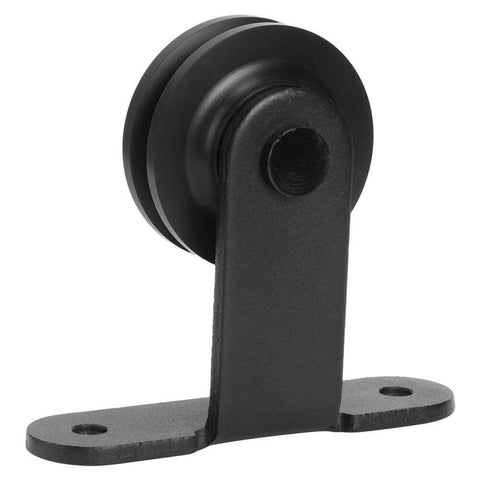 Close-up of wheel component from Carbon Steel Barn Door Hardware Kit With Hanging Rail And Wheels For Smooth Sliding Track.