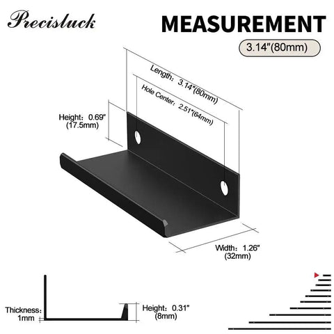 Diagram of 5 Pack 80mm Edge Matte Black Hidden Drawer Cabinet Handles Aluminum Alloy Finger Pull Back Mount with measurements in inches.