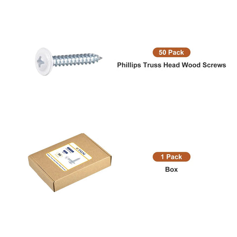 Self Tapping Screws No 8 X 1 Inch Phillips Flat Head Carbon Steel 50 Pack, white screws and box packaging displayed.