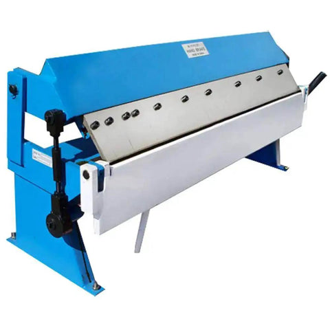 36-Inch Fingers Pan Hand Brake Box Bender for 20 Gauge Steel and 18 Gauge Aluminum with adjustable levers on a blue frame