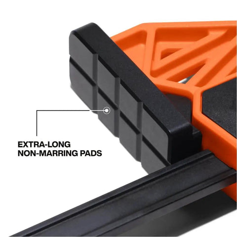 Close-up of Speed Klamp Bar Clamp Set 6 Inch And 12 Inch 4 Pack with non-marring pads for woodworking and metal projects.