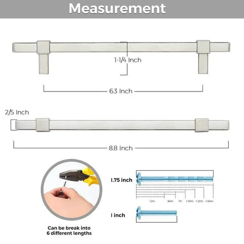 Measurement diagram of 20 Pack Brushed Nickel Cabinet Handles 6-1/4 Inch Center To Center Stainless Steel Drawer Pulls with screw lengths.