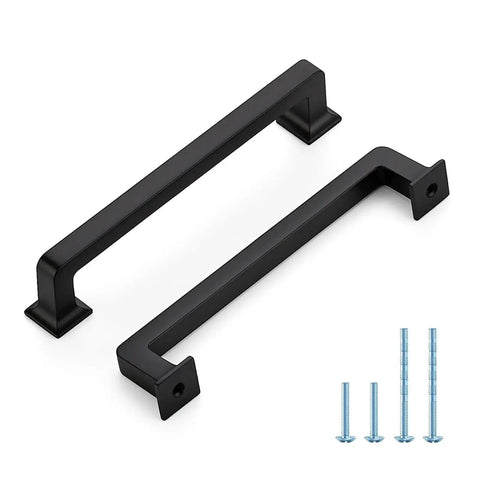 10 Pack 5 Inch Matte Black Cabinet Handles Made From Solid Zinc Alloy For Kitchen Cupboard And Drawer Hardware Center To Center 5 Inch Mounting Pulls, showing two handles and screws
