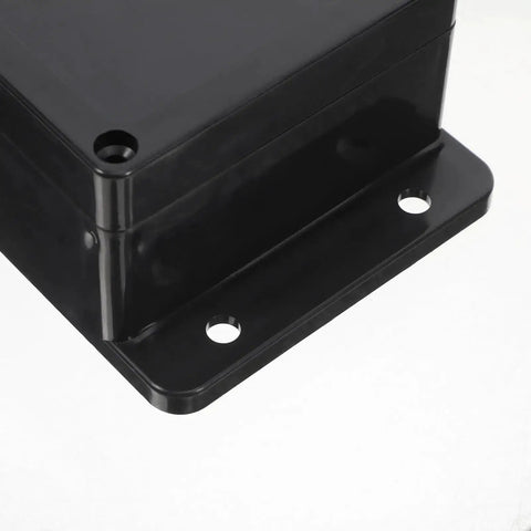 Corner detail of Beefy Black Plastic Waterproof Electrical Junction Box 115x90x55mm, showing mounting ears for indoor/outdoor use.