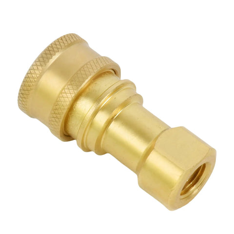 Brass 1/4 in NPTF hydraulic nipple adapter with knurled cap and hex nut end
