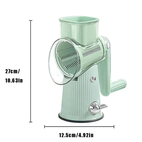 Side view of 5 In 1 Gourmet Cheese Grater And Veggie Slicer, Carrot Shredder, Fruit Slicer, Potato Crinkle Cutter, Hand Crank Chopper, Pro Grade Multifunctional Salad Maker Green showing dimensions.