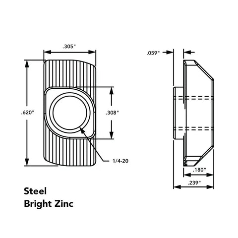 Technical drawing of Drop In T Nut With Quarter Twenty Thread For Aluminum Extrusion Hardware Fits 40 Series 1515 1530 Steel With Zinc Finish