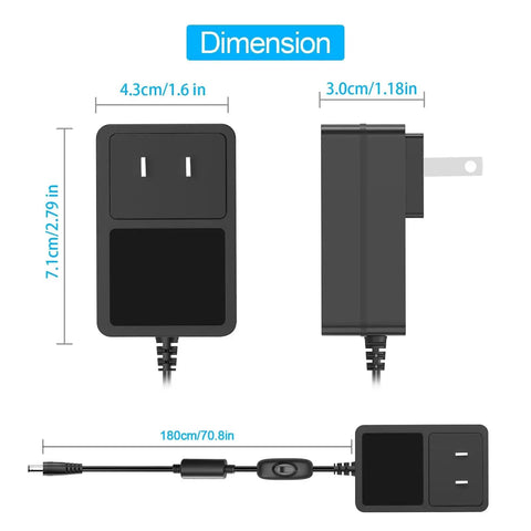 12V Massager Charger Power Cord 2A DC Power Adapter dimensions, 6ft cable with on/off switch, fits 5.5x2.5mm and 5.5x2.1mm ports