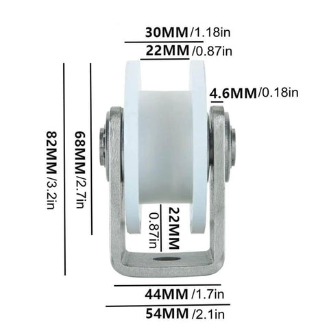 Nylon Sliding Track Roller With V Type Directional Pulley, 304 Stainless Steel Bracket Bearing, 68Mm3In, front view with measurements