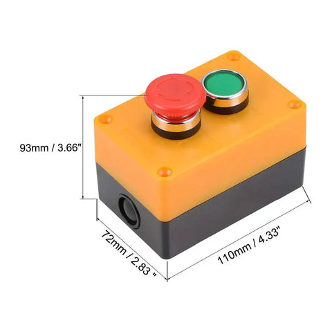 Momentary Green Push Button Switch Box With Emergency Stop No NC Contacts 10A 415V, dimensions 110x93x72mm