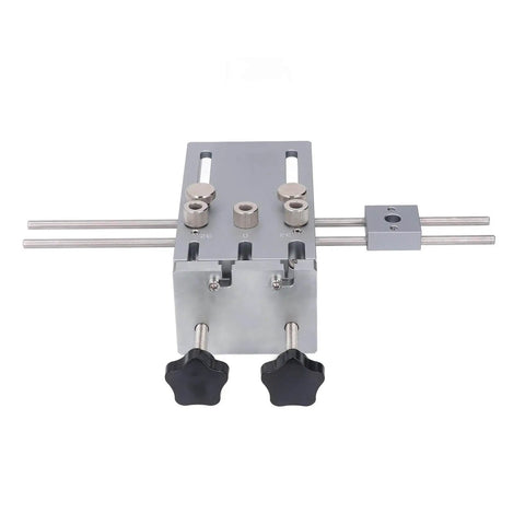Image of Self Centering Dowel Jig For Precision Woodworking Quick Release Dowel Guide Tool For Accurate Drilling Of Straight Holes Biscuit Joiner Set With 3 In 1 Panel Assemblies And 600mm Extended Positioning Rod, showing metal construction with dual knobs and rods.
