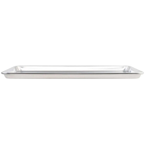 Side view of Commercial Grade Aluminum Sheet Pan With Large Flat Baking Surface Two Thirds Size 18 Gauge Reinforced Rim Closed Bead