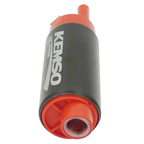 340 LPH Beefed Up High Performance Fuel Pump Replaces Walbro 255 LPH F20000169 shown in orange and black, front view.