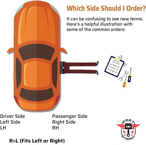 Diagram illustrating driver and passenger sides of a car with tools and a notepad for ordering parts.