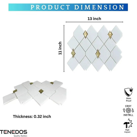 Thassos White Marble And Gold Glass Diamond Mosaic Tile 3 By 3.5 Inch Waterjet Cut Polished Wall And Floor Tile