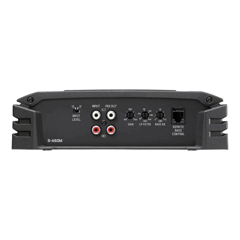Rear view of SA60M S Series Class D Monoblock Subwoofer Amplifier Delivers 600 Watts RMS Preamp And Speaker Level Inputs Variable Bass
