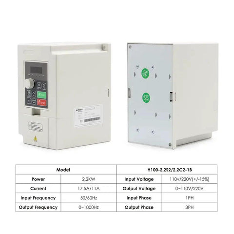 Front and side view of 2.2KW 110V Inverter VFD Variable Frequency Drive 0-1000Hz with 3 phase output, model H100 for industrial use