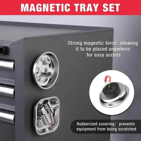 5-Piece Non-Slip Tool Tray Set With Silicone Tool Mats And Magnetic Parts Trays on metal surface showcasing strong magnetic force.
