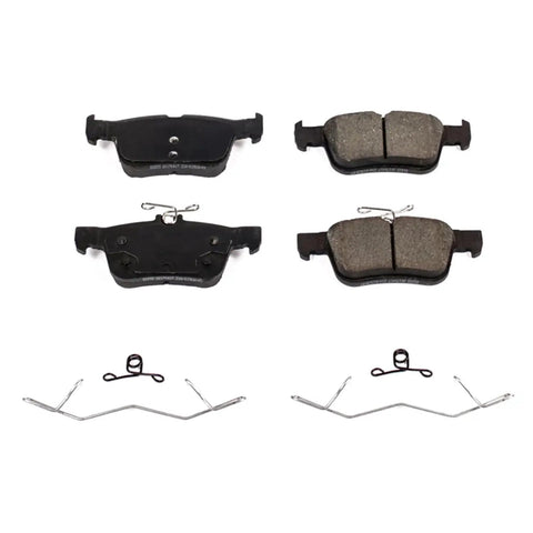 PowerStop Z17 ceramic rear brake pads set of four with hardware; front and back views for Ford Edge, Escape, and Fusion.