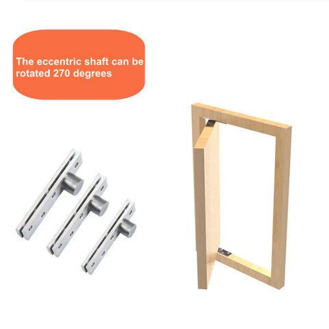2 Pack 270 Degree Hidden Door Pivot Hinge Set For Concealed Bookcase Secret Doors In Stainless Steel, showing hinges and installation