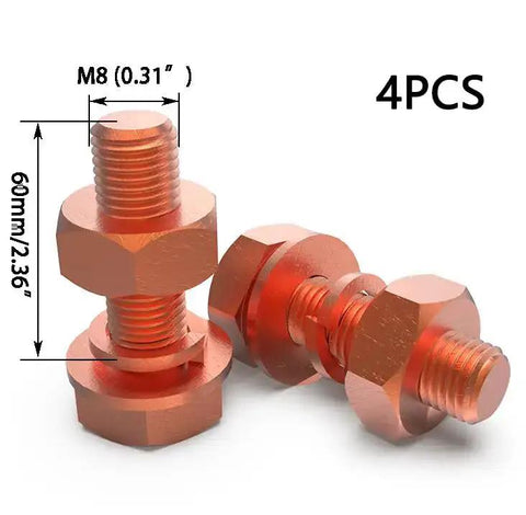 4 Pack M8 60mm Hex Bolts Kit With Nuts, Flat Washers And Spring Lock Washers In T2 Conductive Pure Copper Hex Head Screws