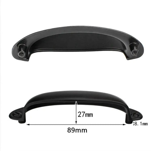 Front and side view of Ten Pack Vintage Farmhouse Style Matte Black Cup Pull Handles with 3.5 inch 89mm spacing.