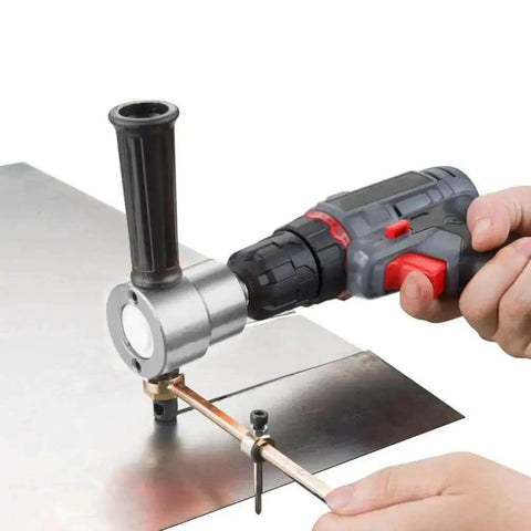 Heavy Duty Double Head Metal Sheet Nibbler Cutter And Hole Saw Drill Attachment in use on a steel sheet